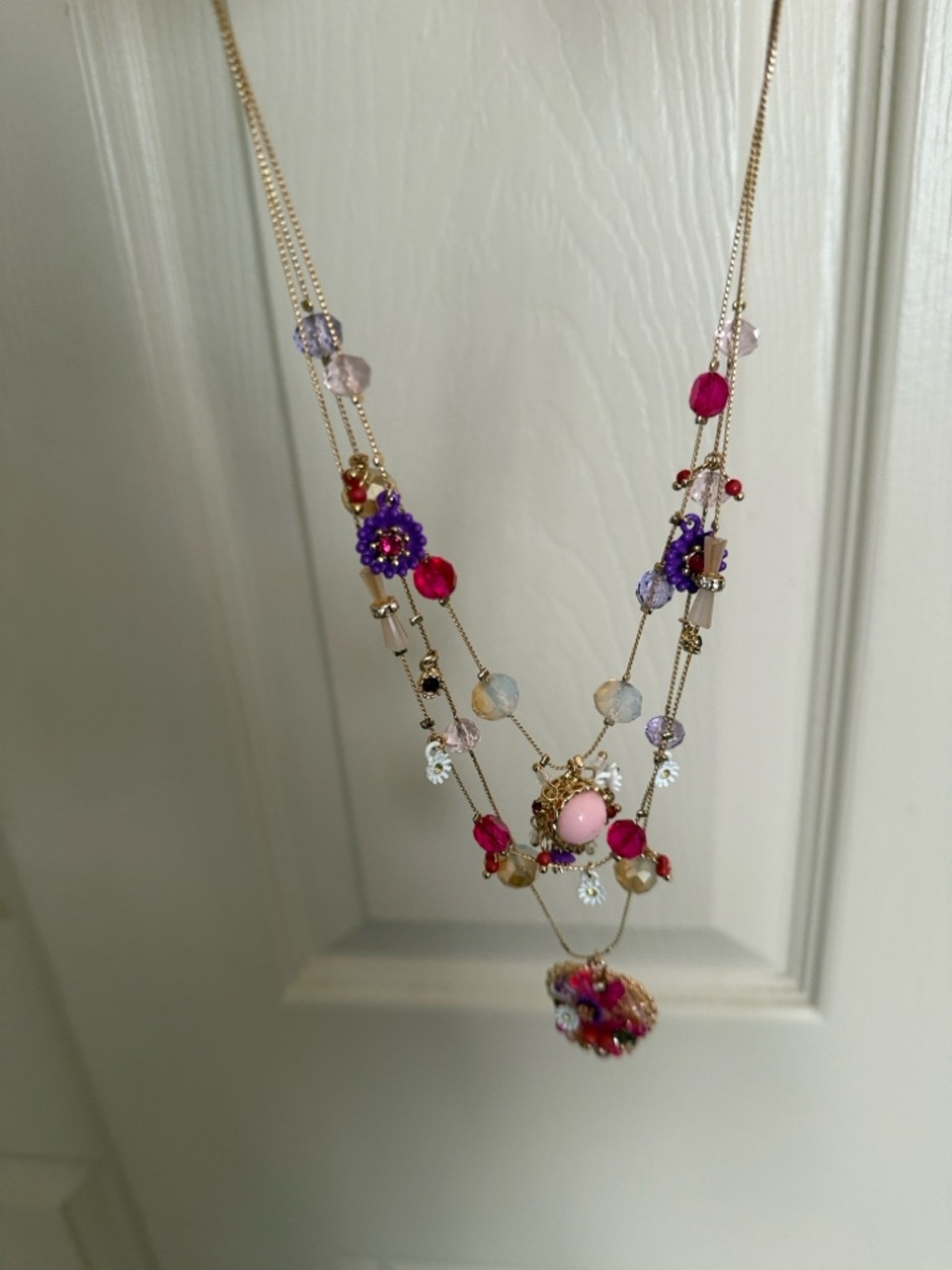 Betsey Johnson Gold-Tone Layered Necklace with Pink, Purple and Red Accents